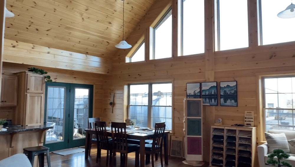 Modular log cabin home living room