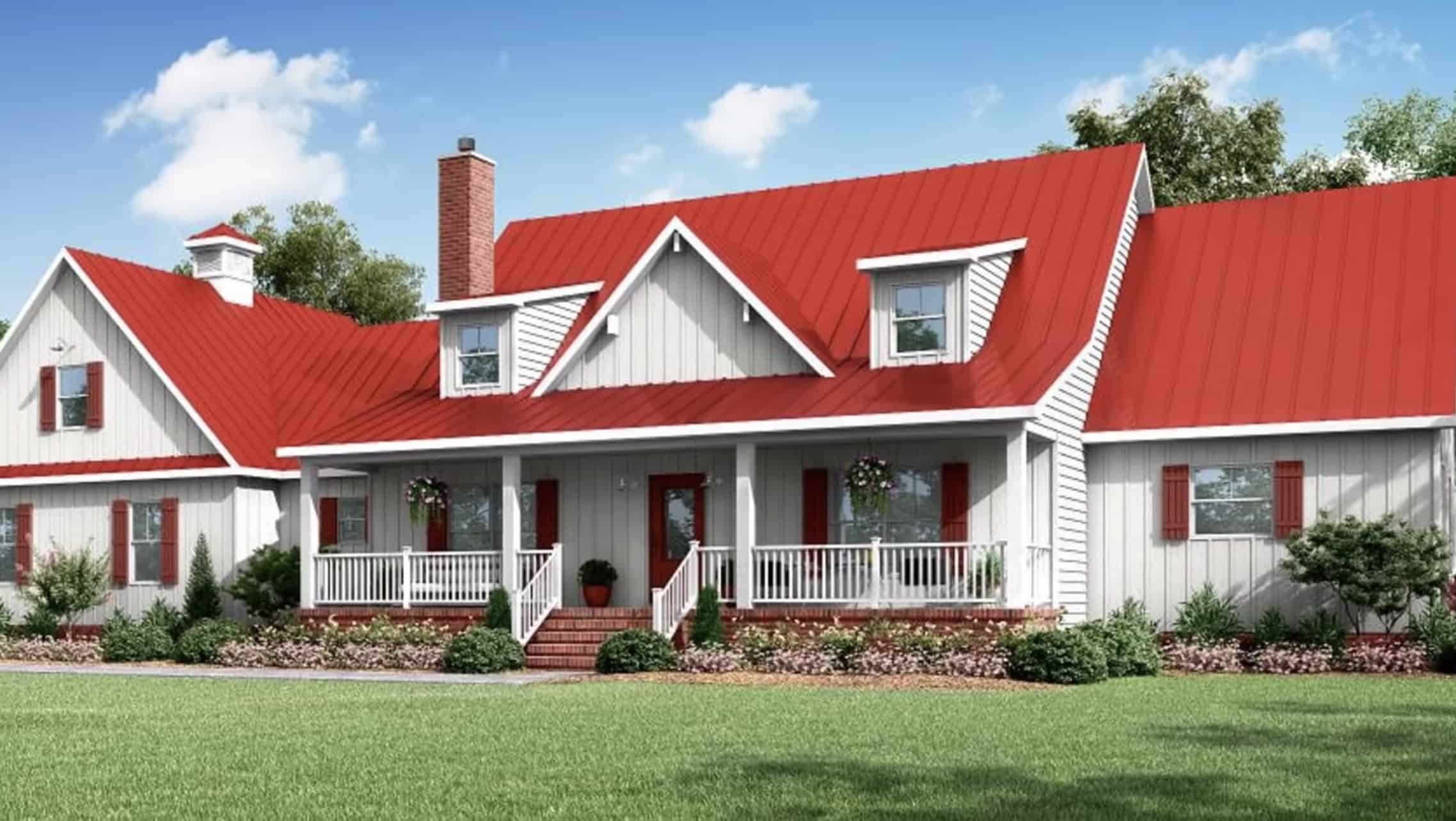 modern modular farm house red rooster