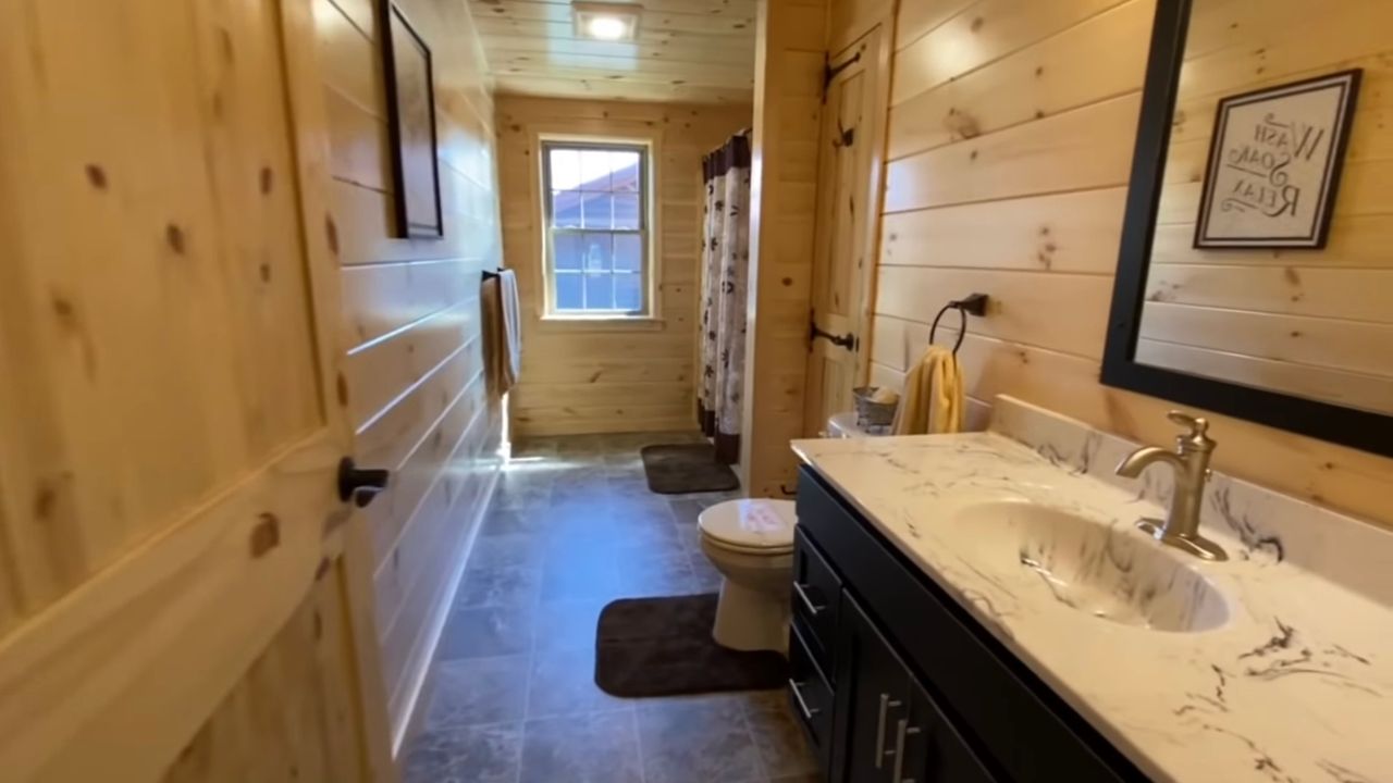 modular log home bathroom
