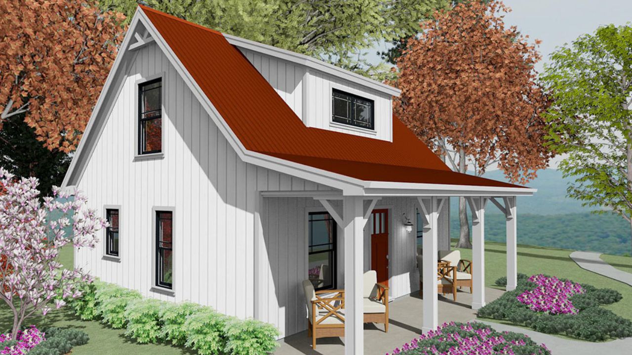small red and white farmhouse plan