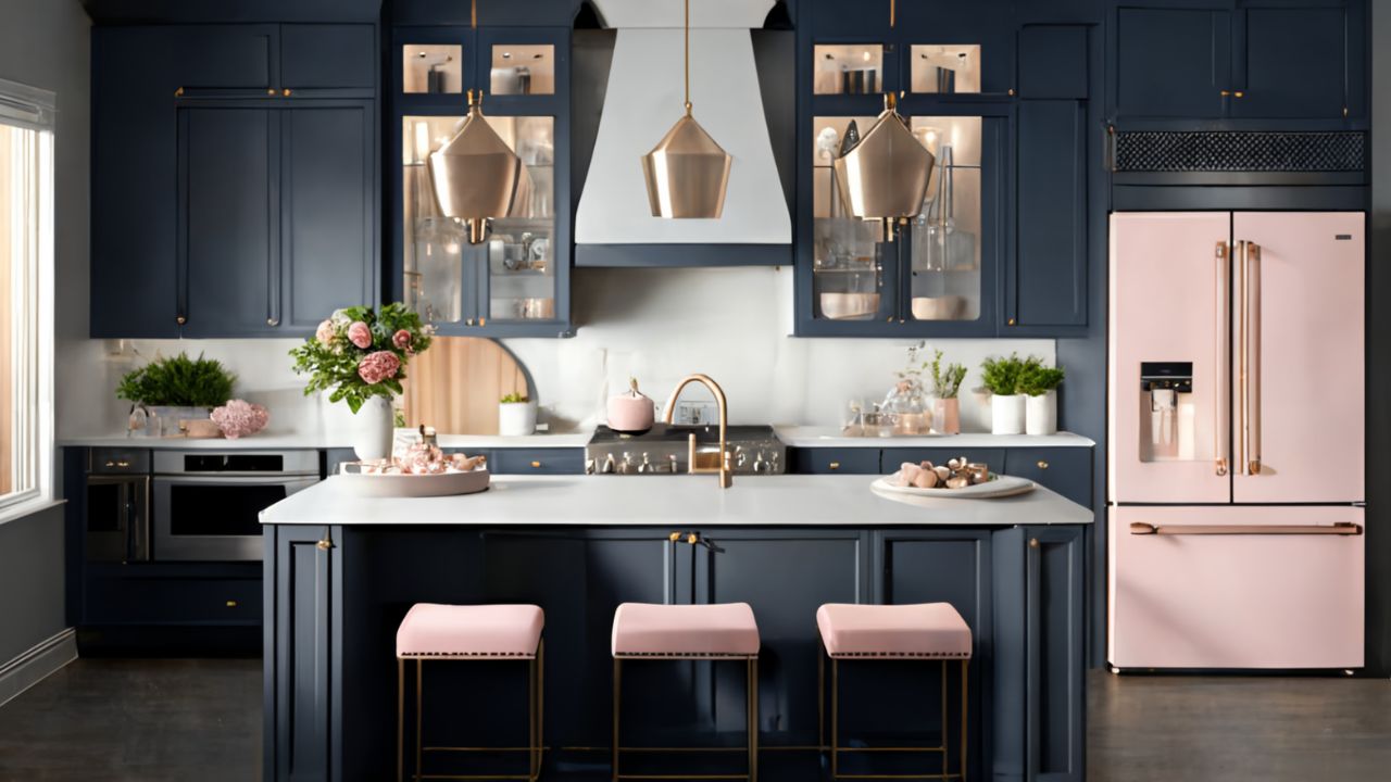 blue kitchen with pink accents