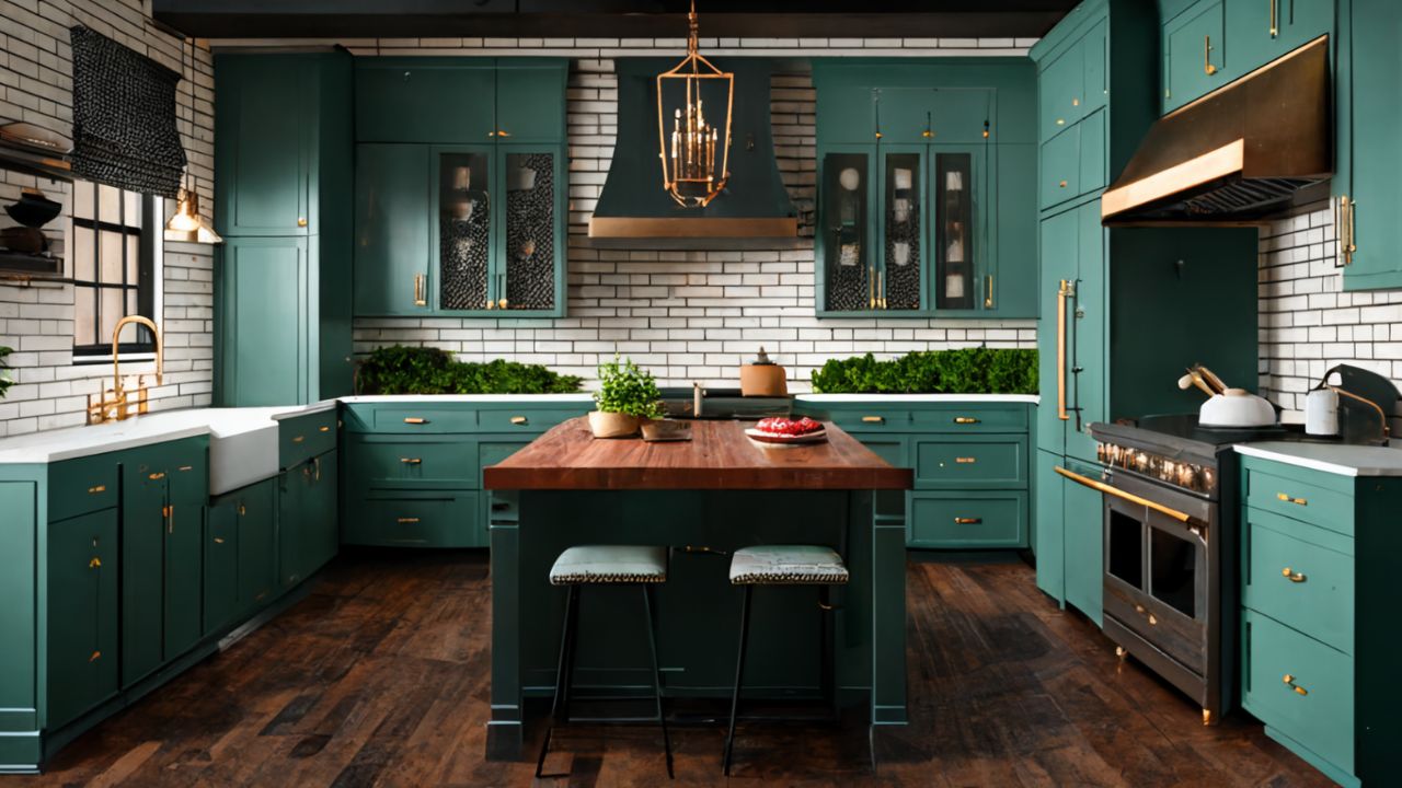 green kitchen with bamboo floors