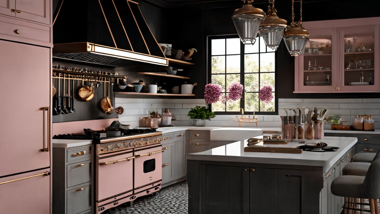 kitchen with light pink and pot rack