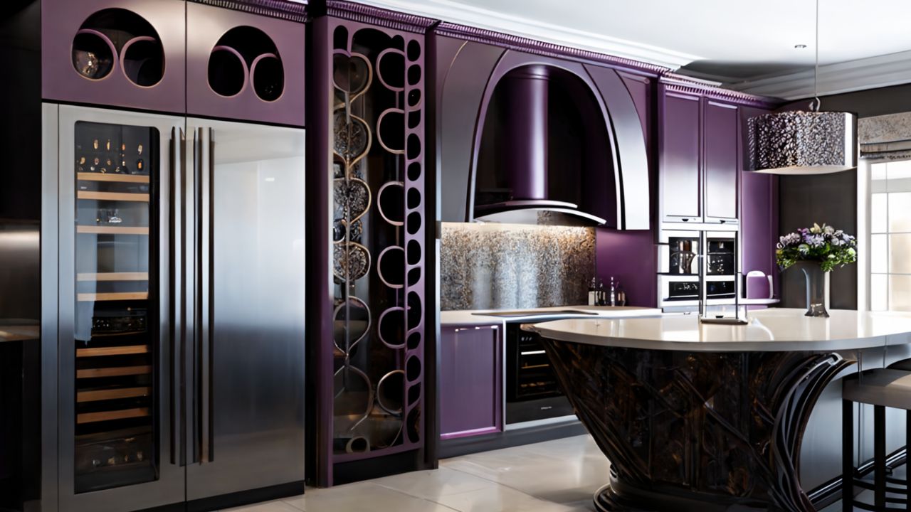 lilac kitchen with wine racks