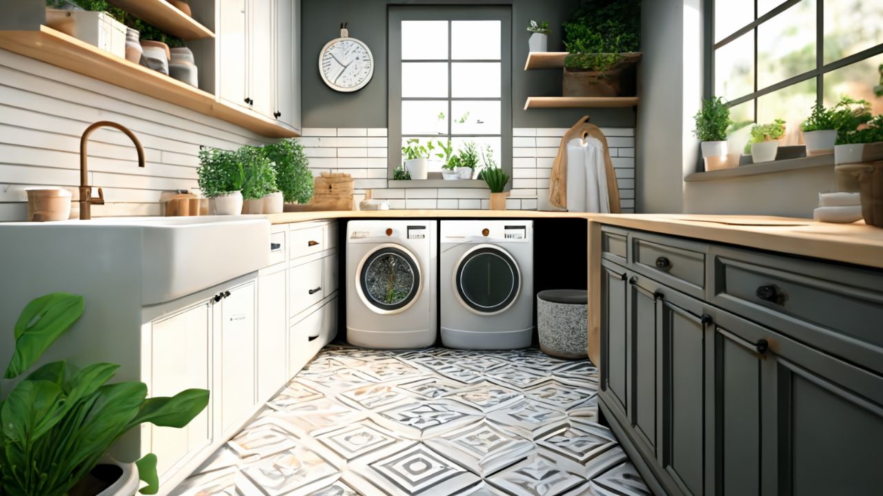 stylish laundry room ideas with tile floor
