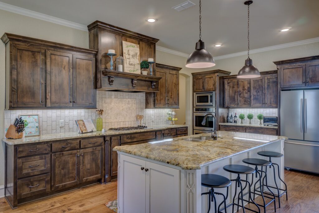 Kitchen with natural wood cabinets