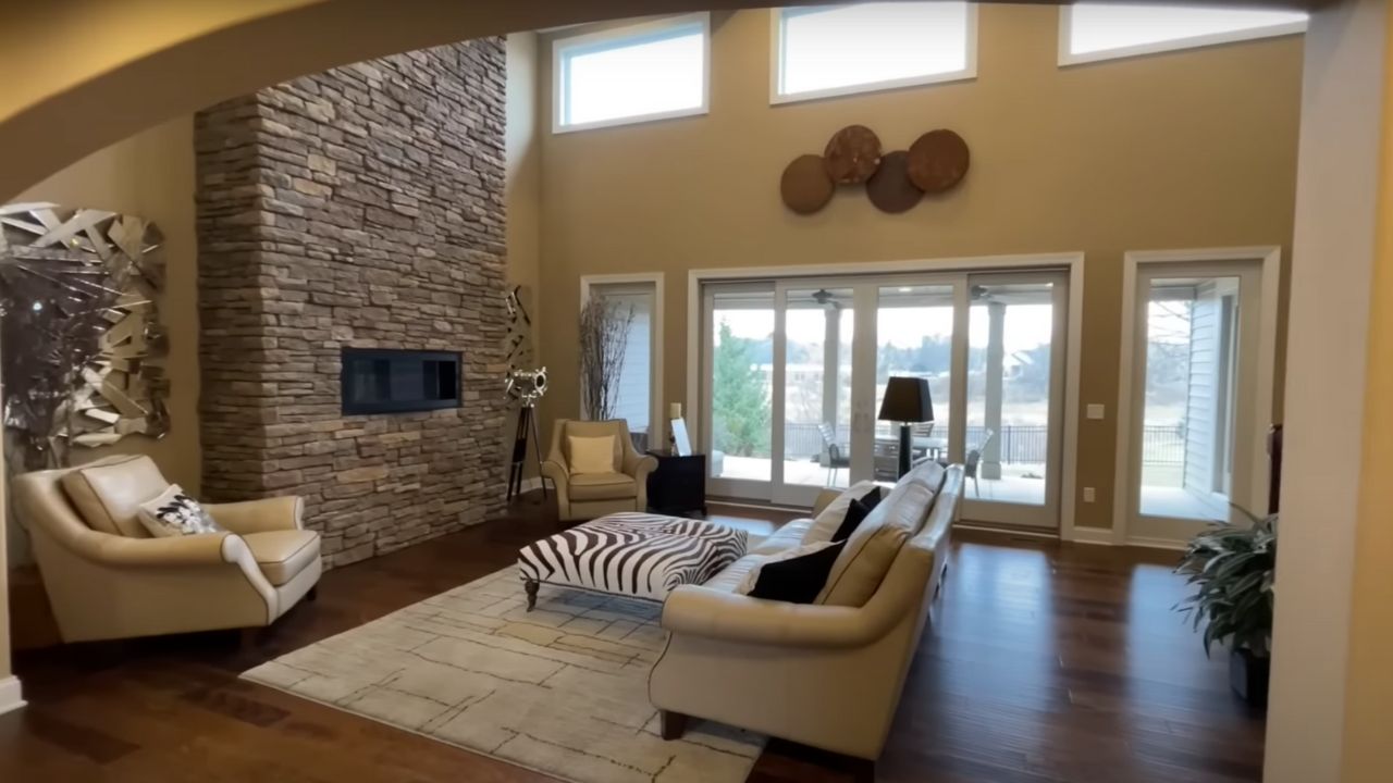 Great room with eye-catching fireplace