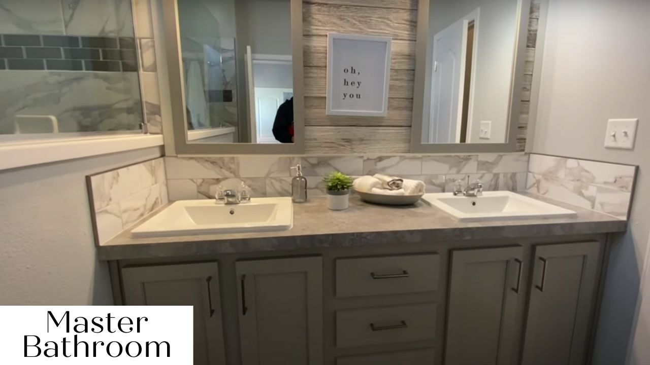 Primary bathroom in farmhouse-style home