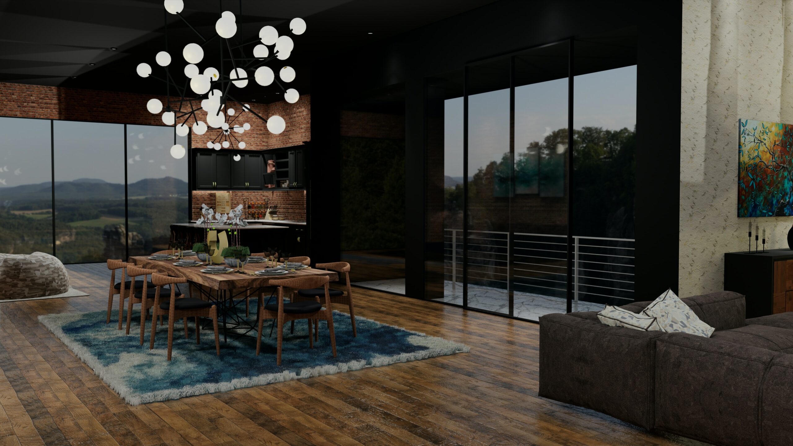 Open-concept dining area with accent light