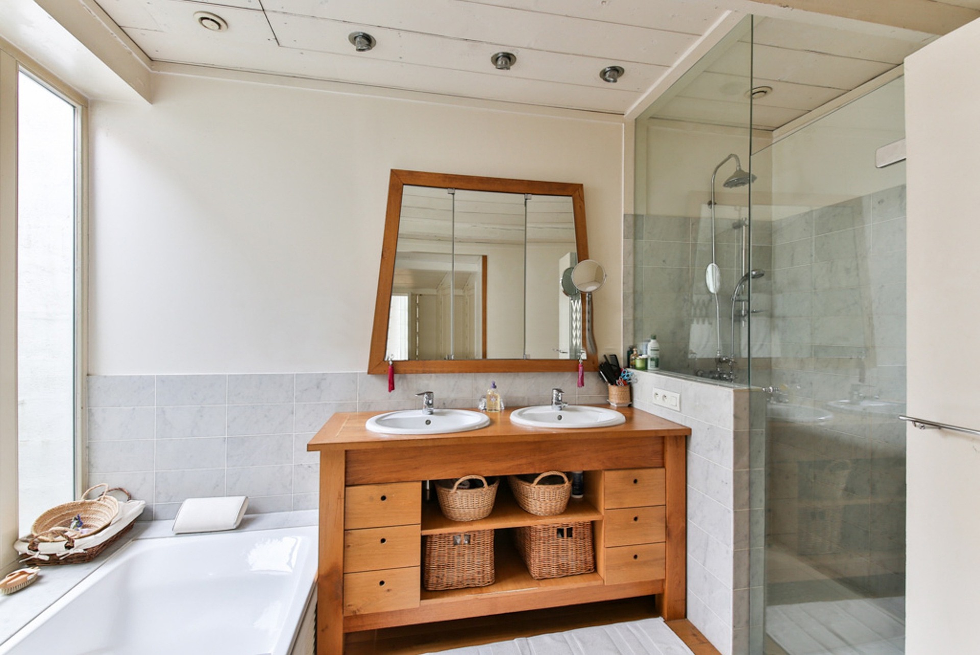 Wooden vanity for Scandinavian-style bathroom 